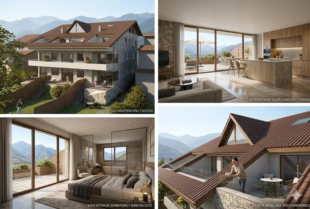 Cuatro vistas del proyecto: fachada, salón, dormitorio y ático